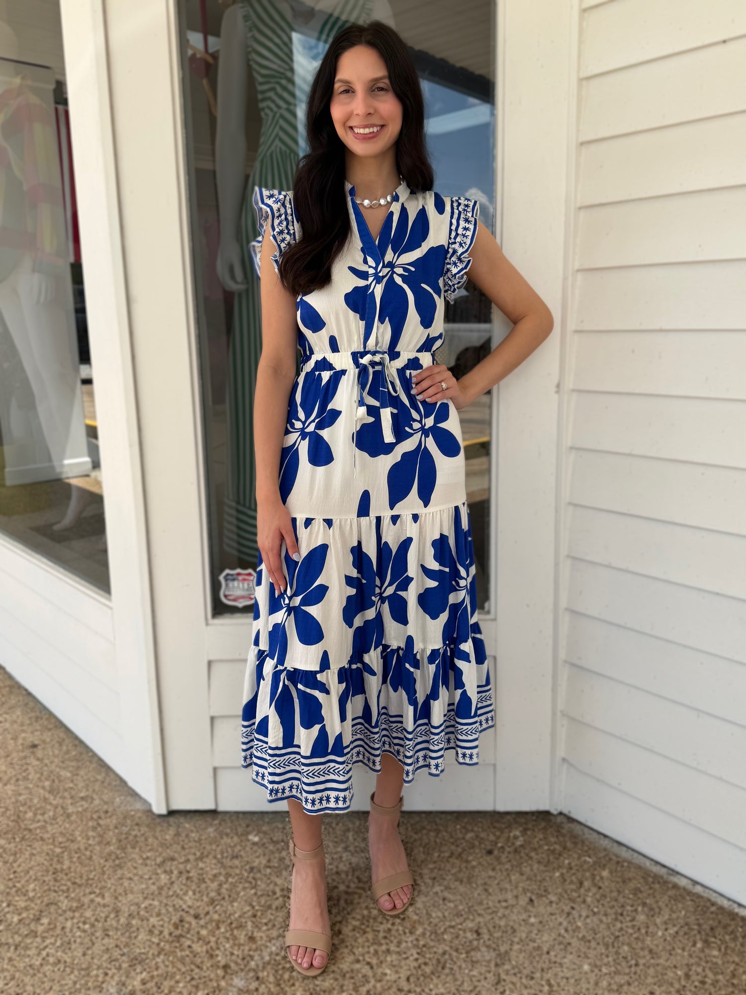ROYAL BLUE FLORAL PRINT RUFFLE SLEEVE TIERED MINI DRESS