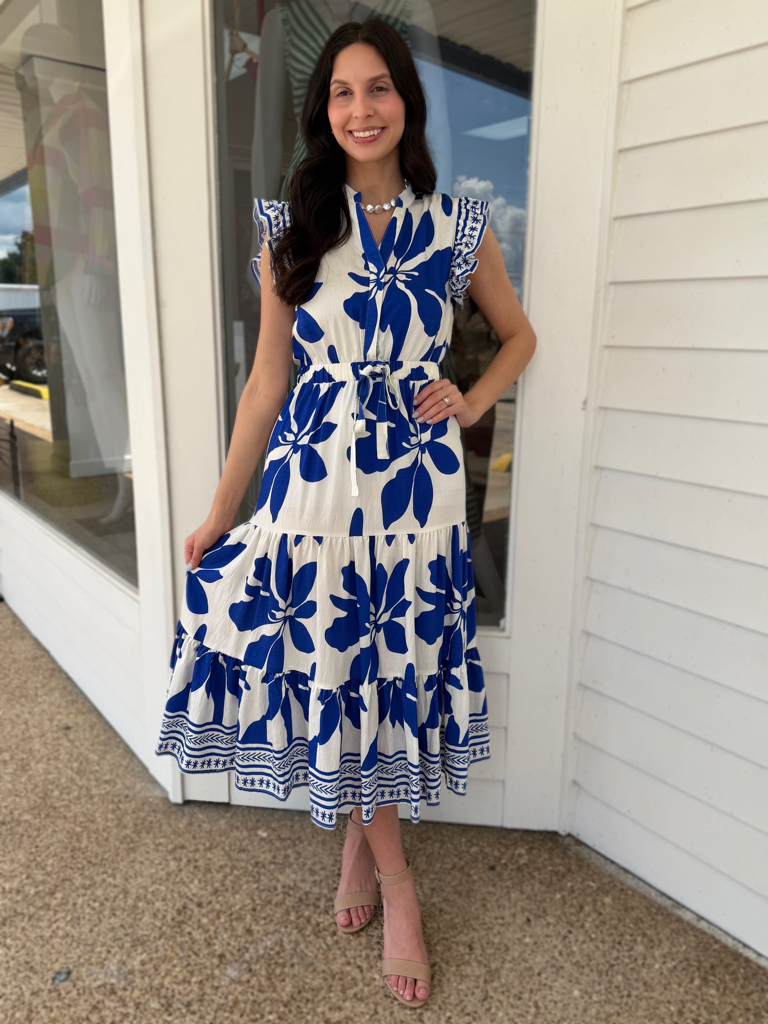 ROYAL BLUE FLORAL PRINT RUFFLE SLEEVE TIERED MINI DRESS