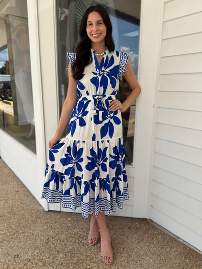 ROYAL BLUE FLORAL PRINT RUFFLE SLEEVE TIERED MINI DRESS