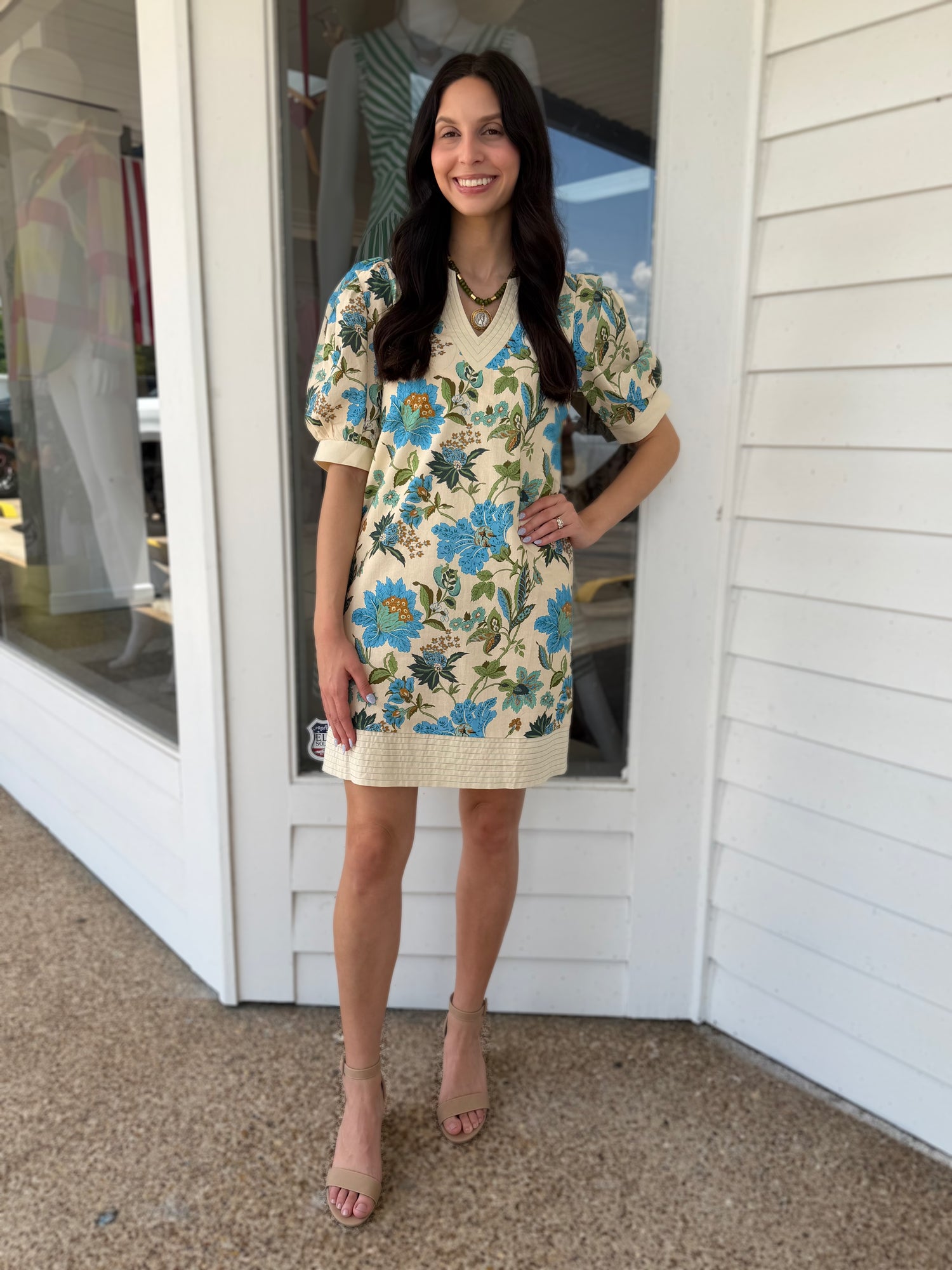 BLUE MIX FLORAL PRINT TRAPUNTO STITCH PUFF SLEEVE MINI DRESS