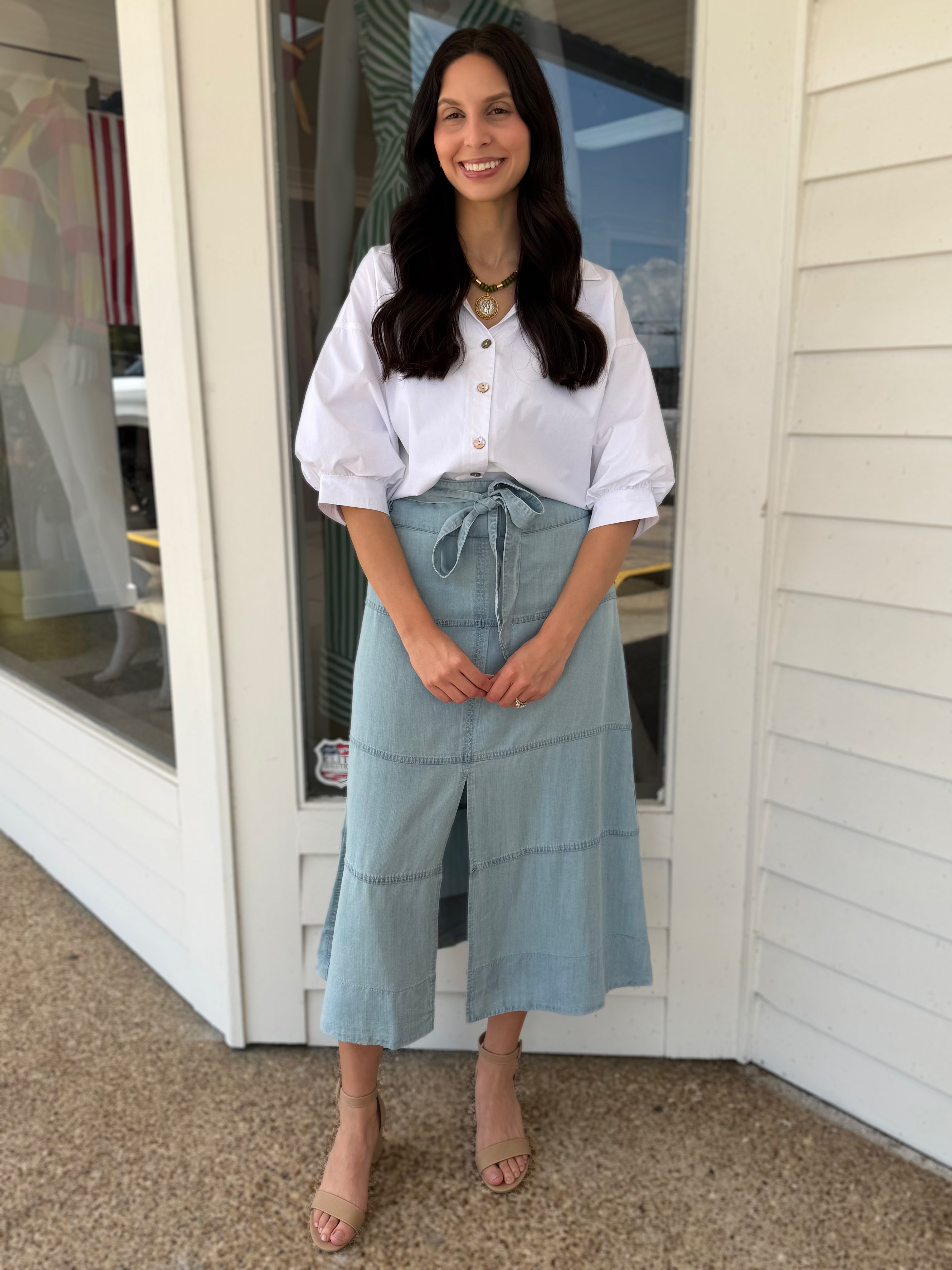 LIGHT INDIGO TENCEL A-LINE WAIST TIE SKIRT