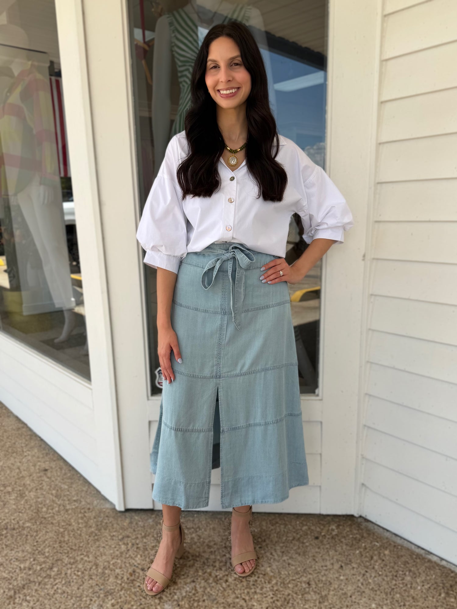 LIGHT INDIGO TENCEL A-LINE WAIST TIE SKIRT
