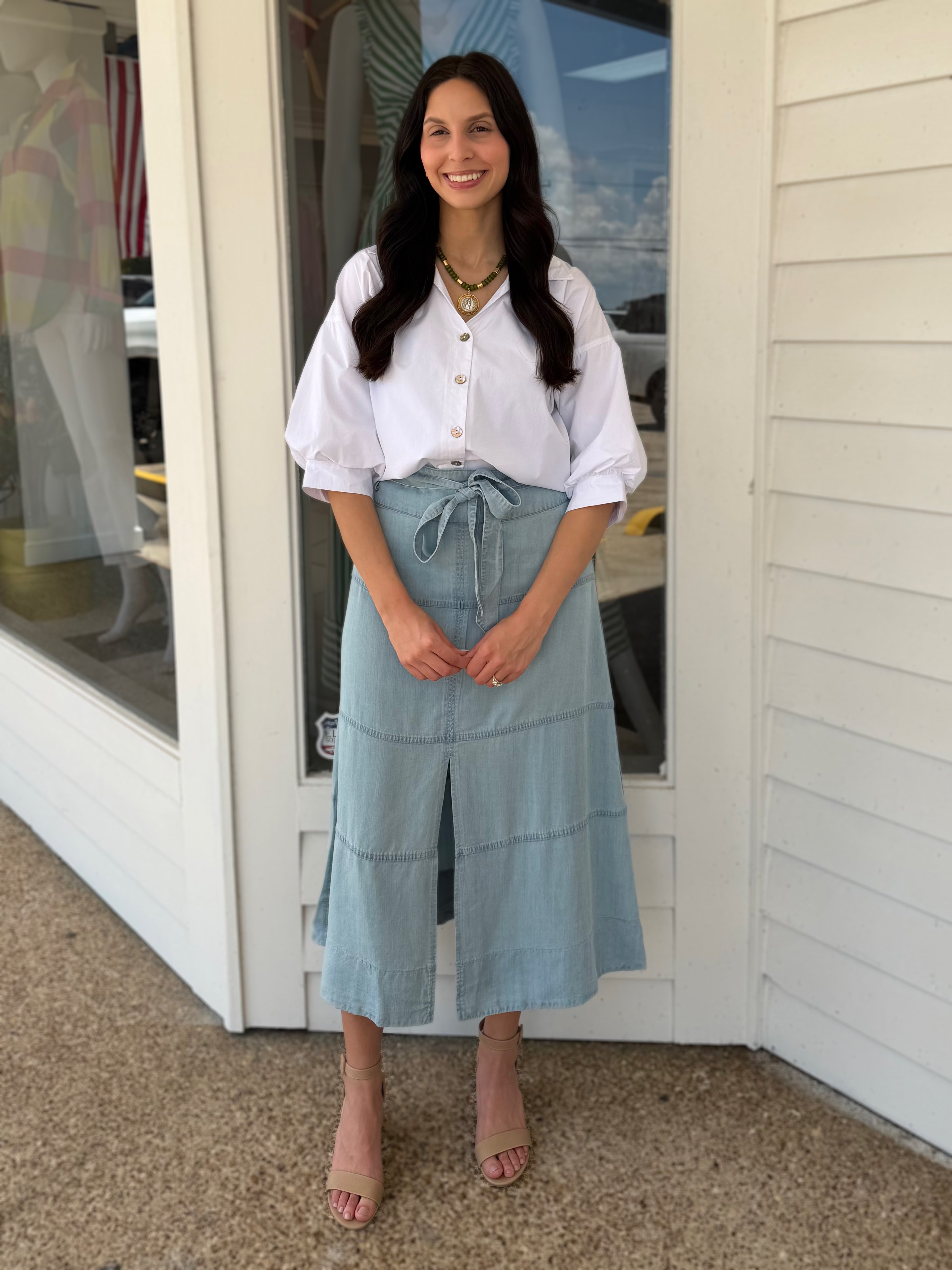 LIGHT INDIGO TENCEL A-LINE WAIST TIE SKIRT
