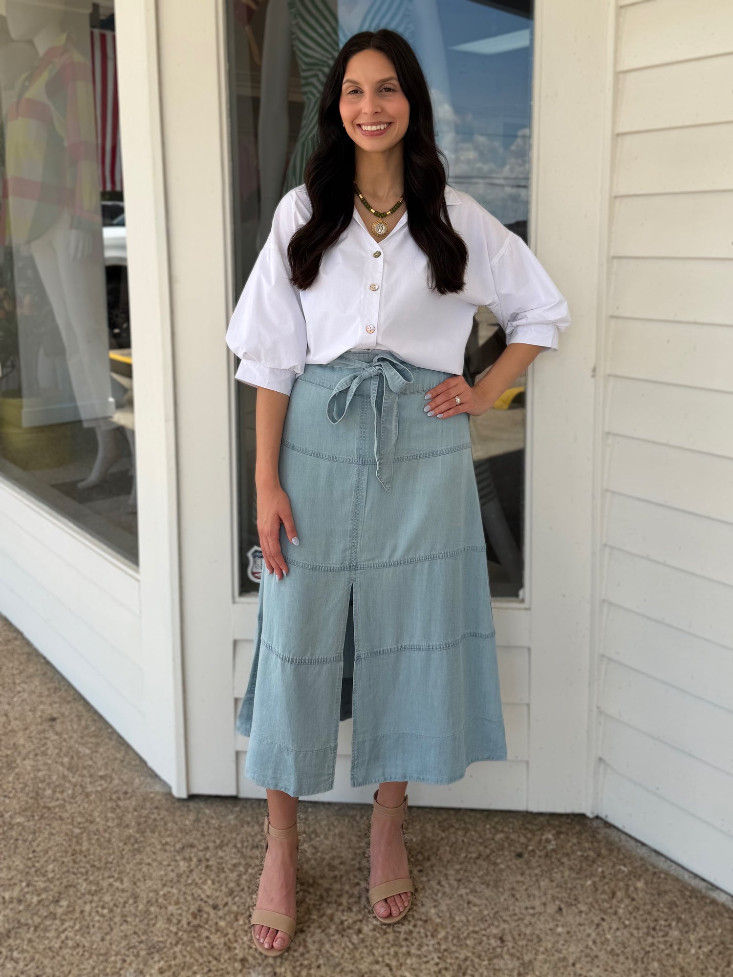 LIGHT INDIGO TENCEL A-LINE WAIST TIE SKIRT