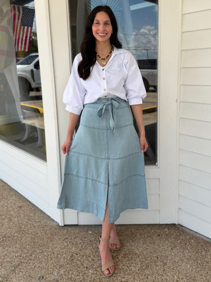 LIGHT INDIGO TENCEL A-LINE WAIST TIE SKIRT