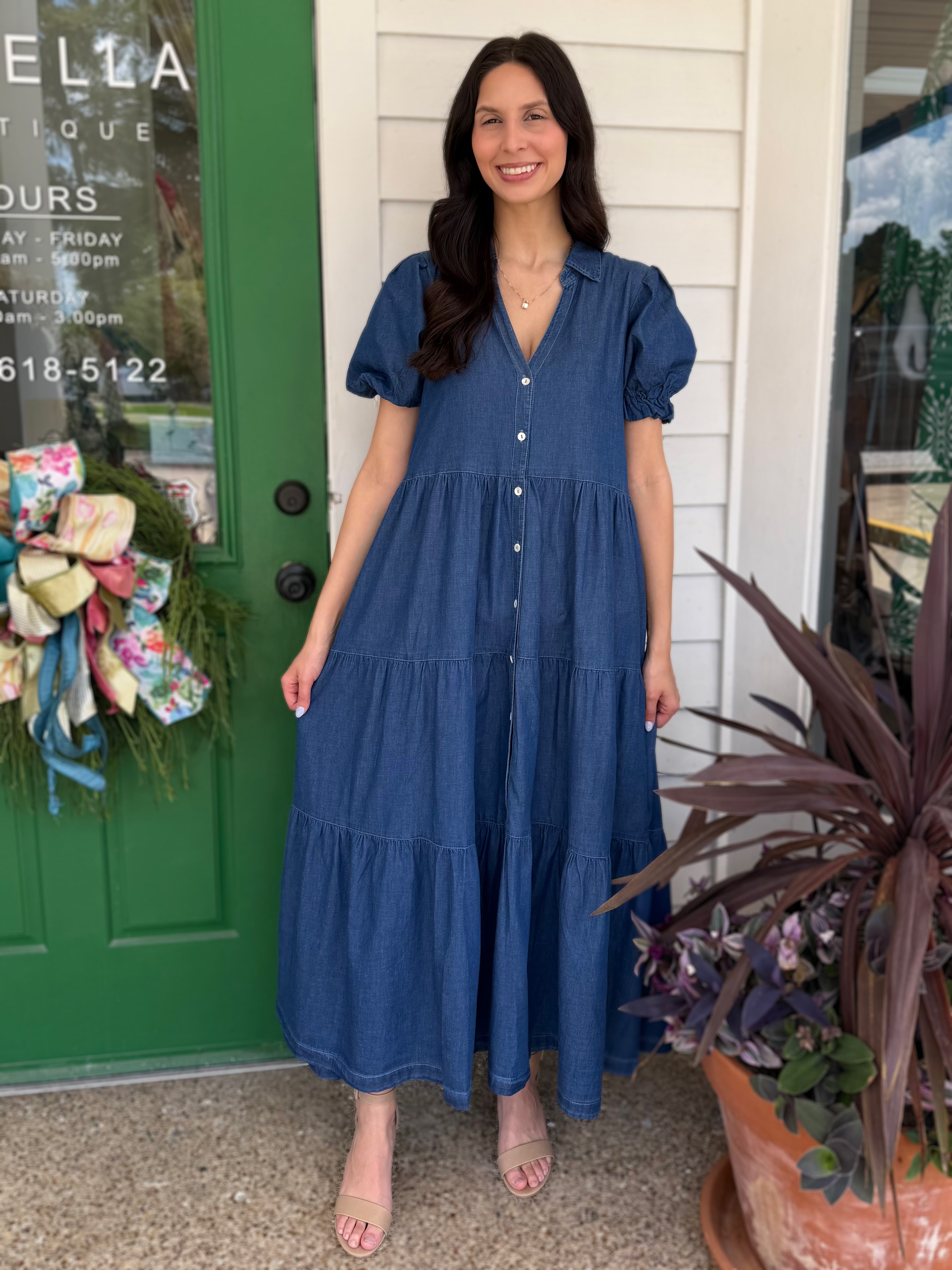 MEDIUM INDIGO DENIM SHORT PUFF SLEEVE TIERED MAXI DRESS