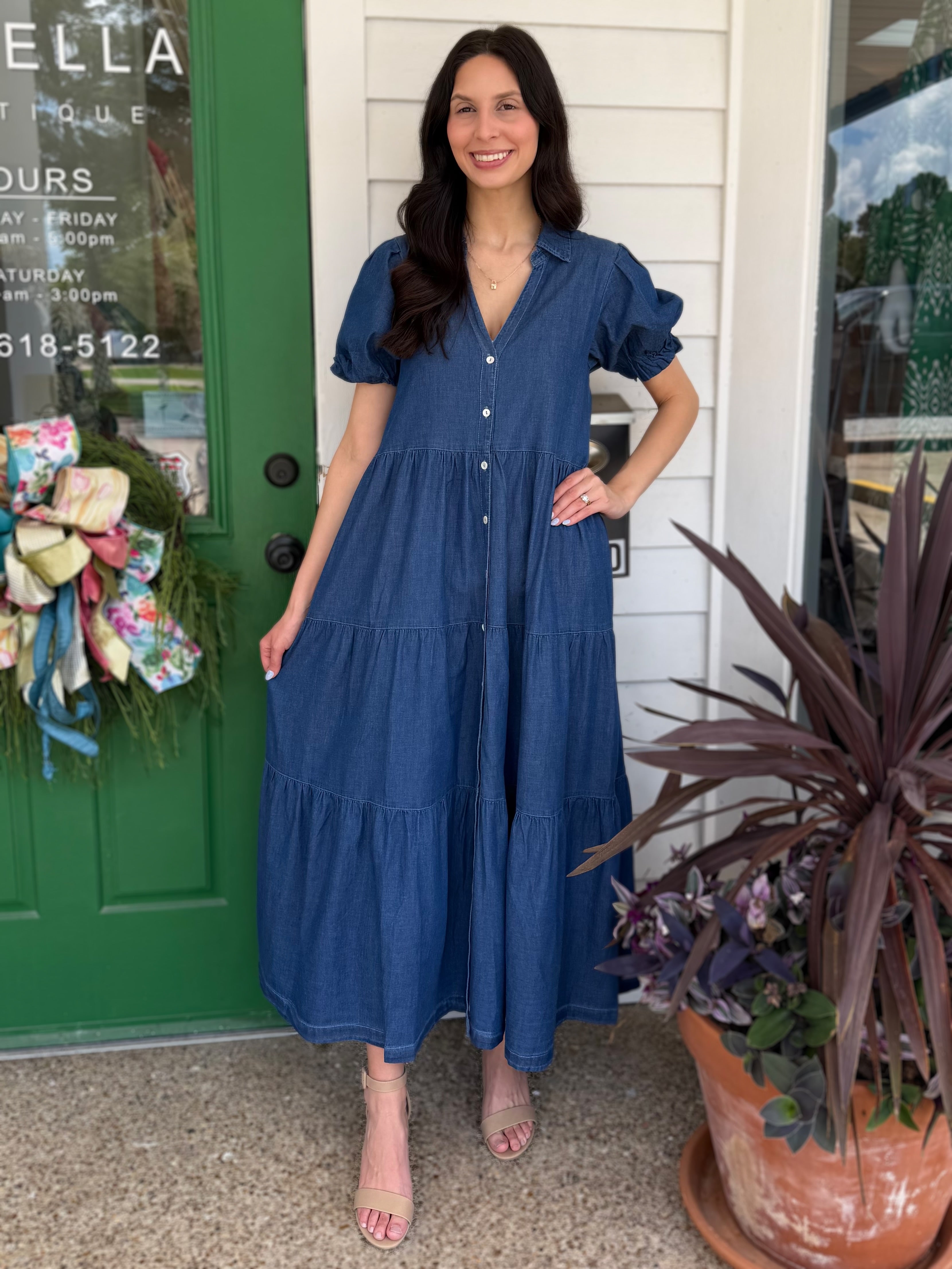 MEDIUM INDIGO DENIM SHORT PUFF SLEEVE TIERED MAXI DRESS