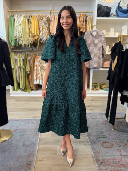 EMERALD JACQUARD FLORAL PRINT SHORT SLEEVE MIDI DRESS