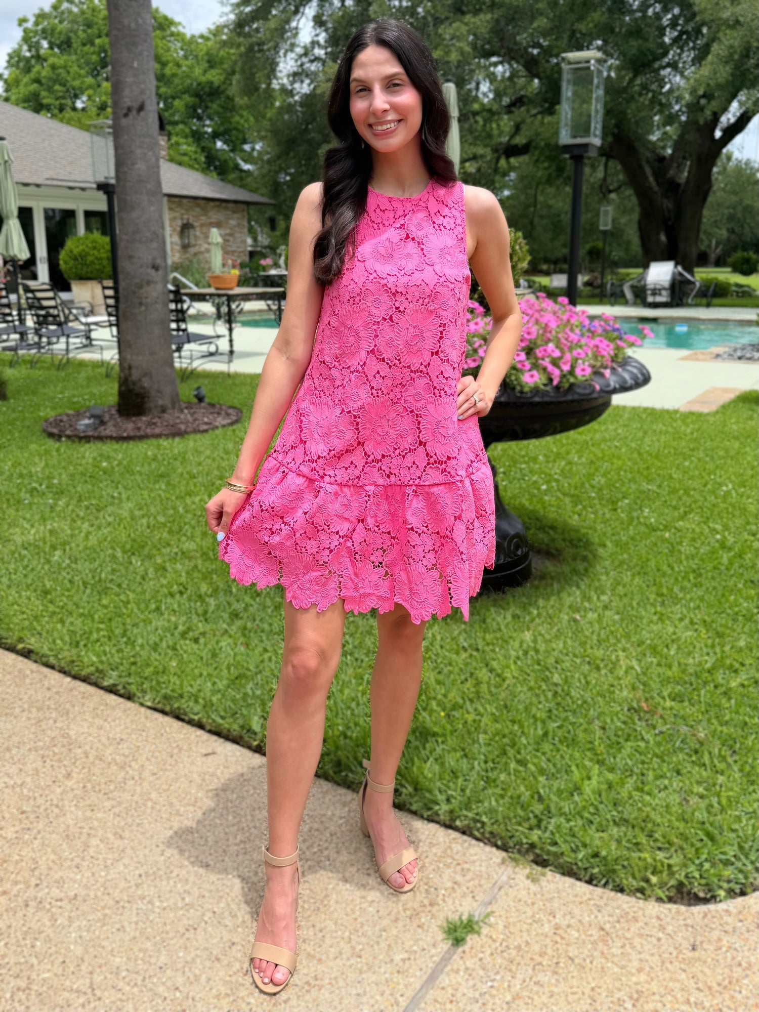 HOT PINK FLORAL EYELET BOW BACK SLEEVELESS MINI DRESS