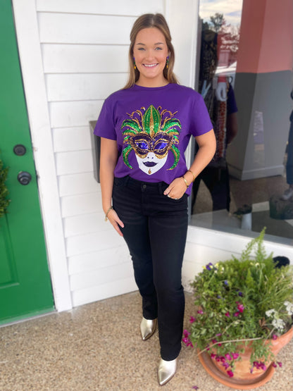 PURPLE SEQUIN MARDI GRAS MASK TSHIRT