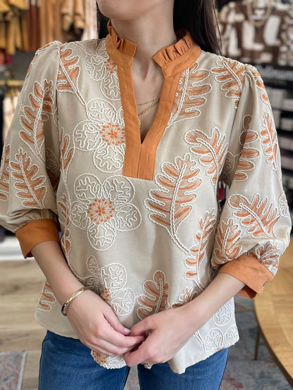 ORANGE/BEIGE EMBROIDERED FLORAL PRINT WITH CONTRAST DETAIL 3/4 SLEEVE TOP