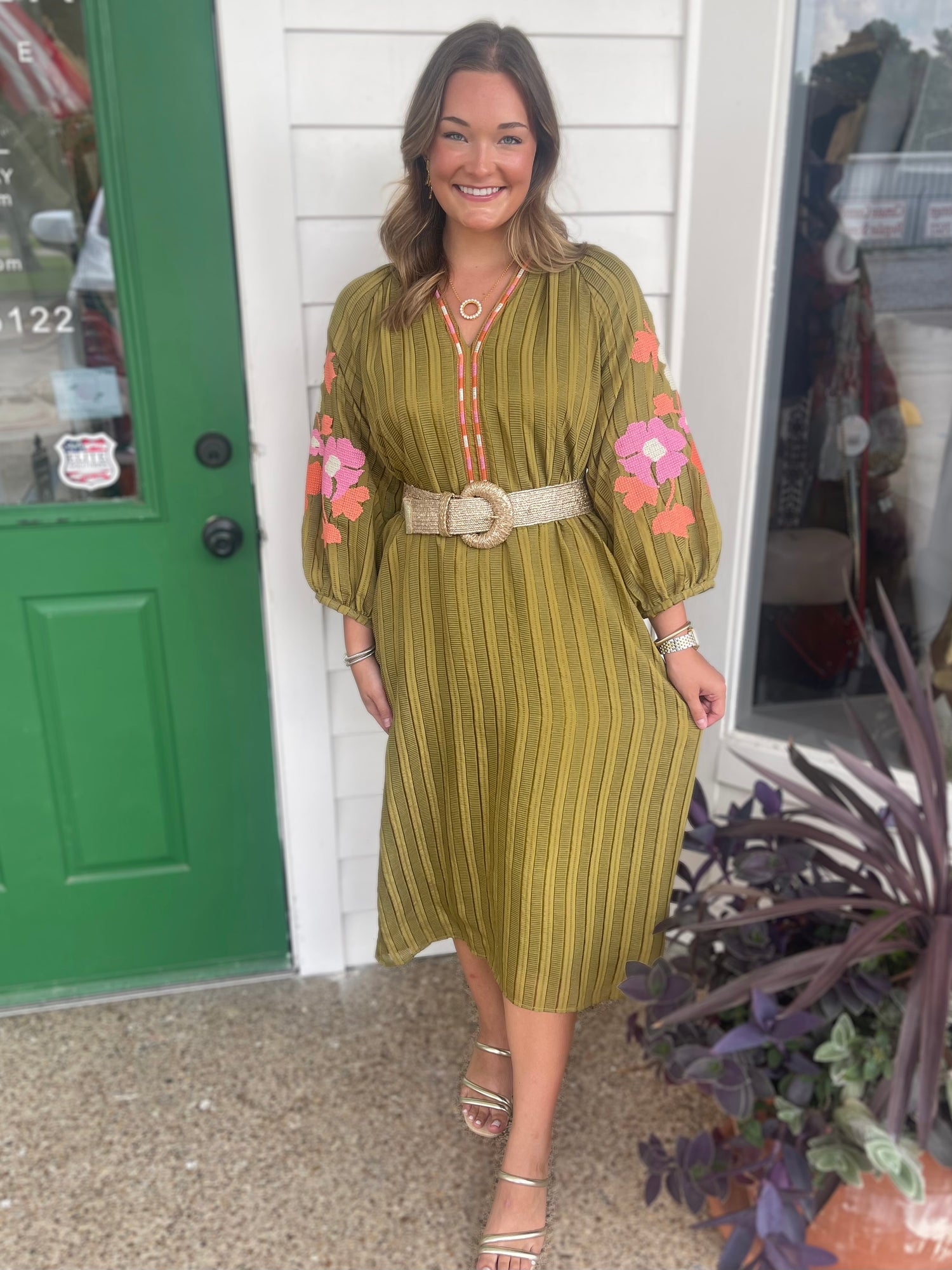 OLIVE GREEN STRIPE &amp; FLORAL EMBROIDERED PUFF SLEEVE MAXI DRESS