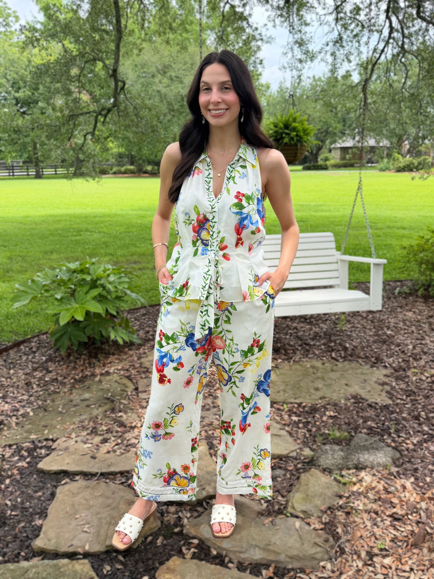 MULTI COLOR FLORAL PRINT WAIST TIE HIGH RISE FULL LENGTH WIDE LEG PANT