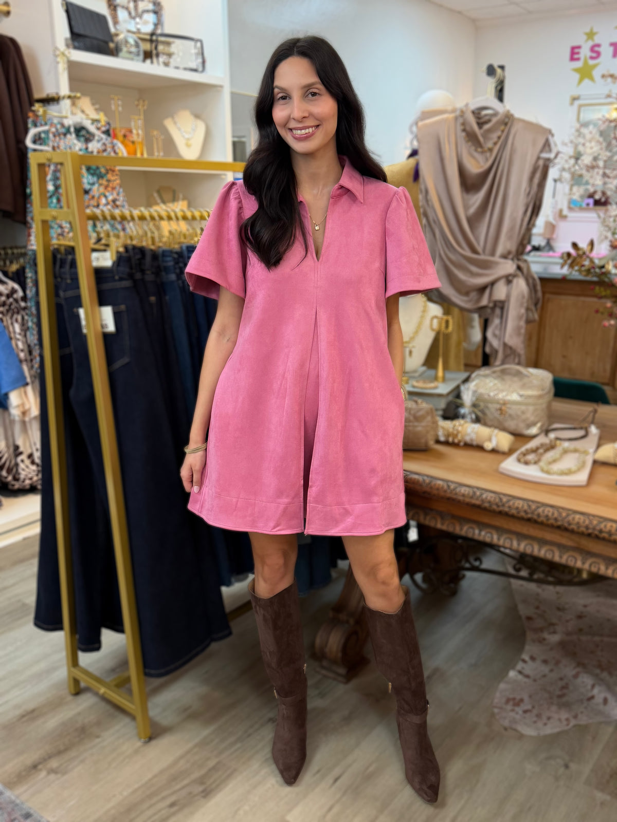 PINK SUEDE PLEAT DETAIL SHORT SLEEVE MINI DRESS