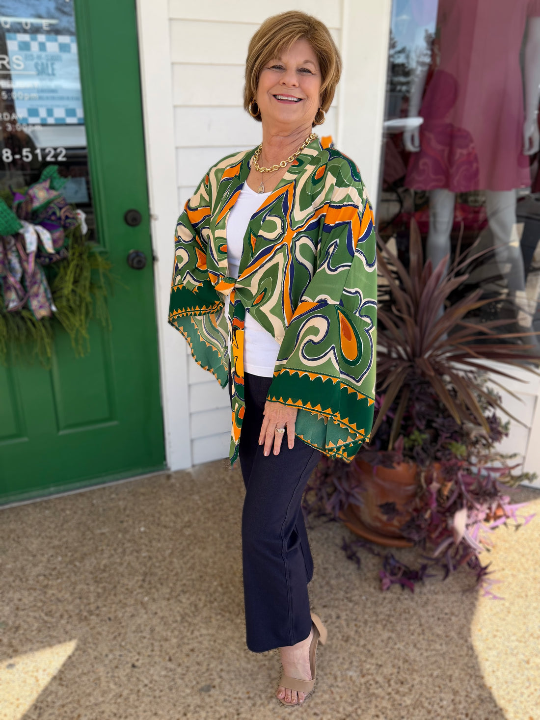 GREEN MULTI PRINTED V NECK FRONT TIE TOP