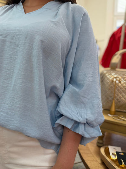 SKY BLUE 3/4 GATHERED BALLOON SLEEVE SCALLOP EDGED TOP