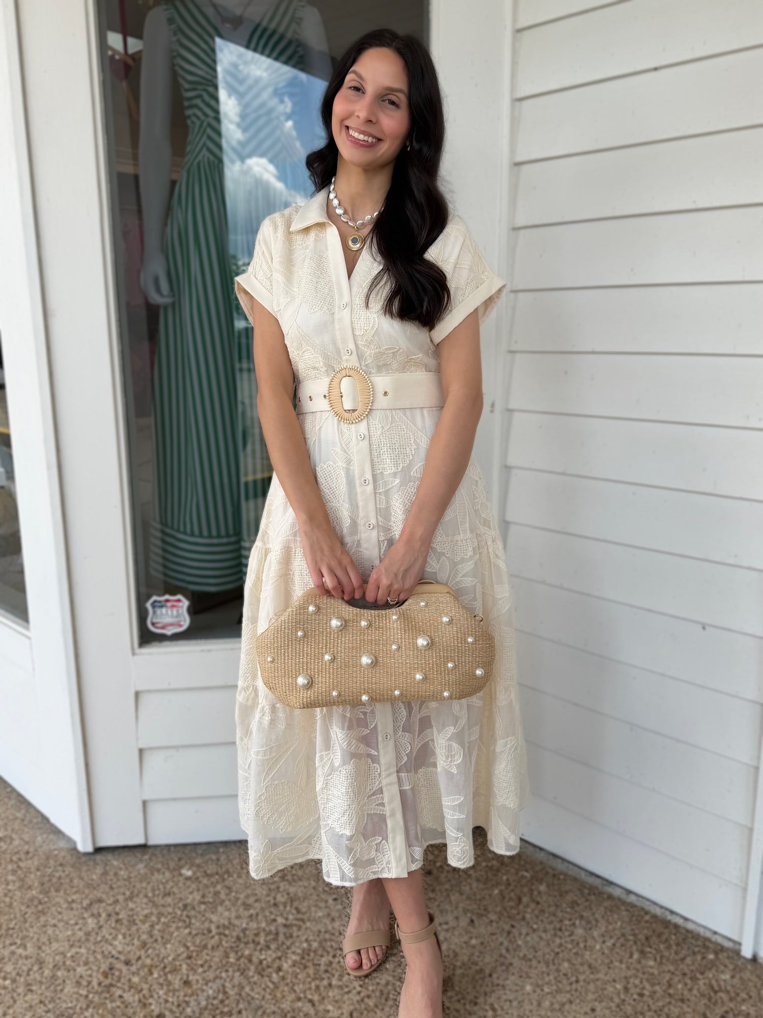 CREAM EMBROIDERED BELTED BUTTON UP SHORT SLEEVE DRESS