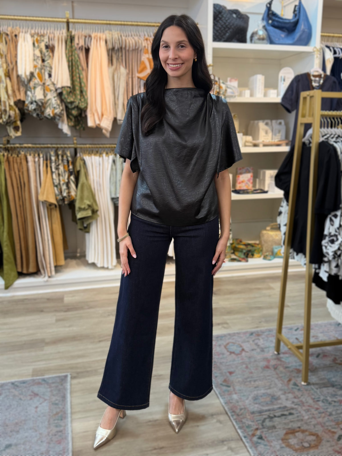 BLACK SHINY SATIN &amp; LEATHER FLOWY SHORT SLEEVE TOP