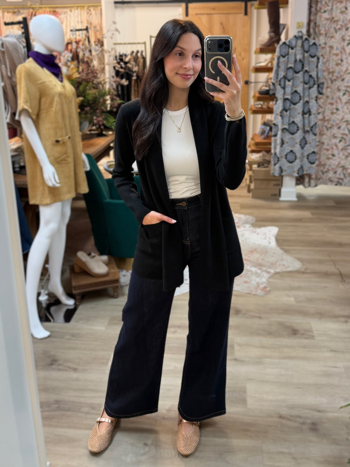 BLACK OPEN FRONT KNIT CARDIGAN SWEATER
