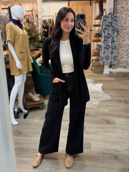 BLACK OPEN FRONT KNIT CARDIGAN SWEATER