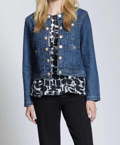 MEDIUM INDIGO COLLARLESS LONG SLEEVE DENIM JACKET