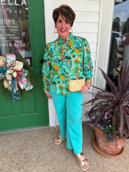 TURQUOISE MULTI BOTANICAL BREEZE PRINT LONG PUFF SLEEVE TOP