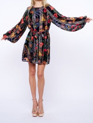 BLACK MULTI FLORAL PRINT METALLIC STRIPE LONG BUBBLE SLEEVE ODETTE MINI DRESS