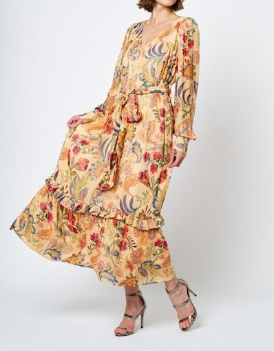 BUTTER MULTI FLORAL PRINT METALLIC STRIPE LEYN MAXI DRESS