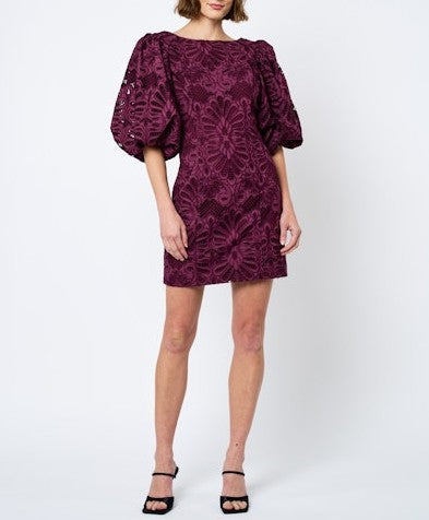 PURPLE EMBROIDERED LACE KESIA MINI DRESS