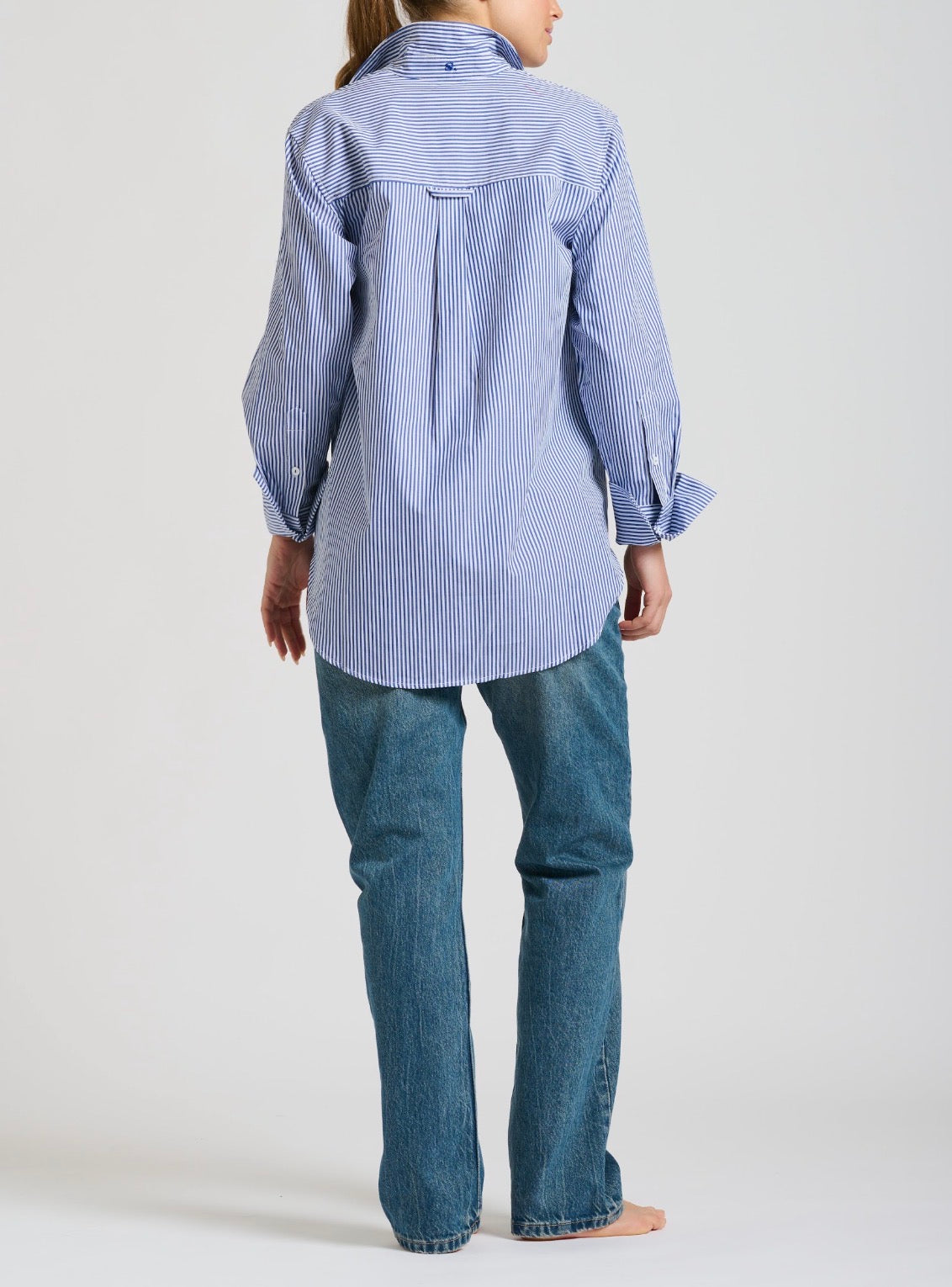 NAVY STRIPE ELODIE TRIM LONG SLEEVE BUTTON UP GIRLFRIEND RELAXED TOP