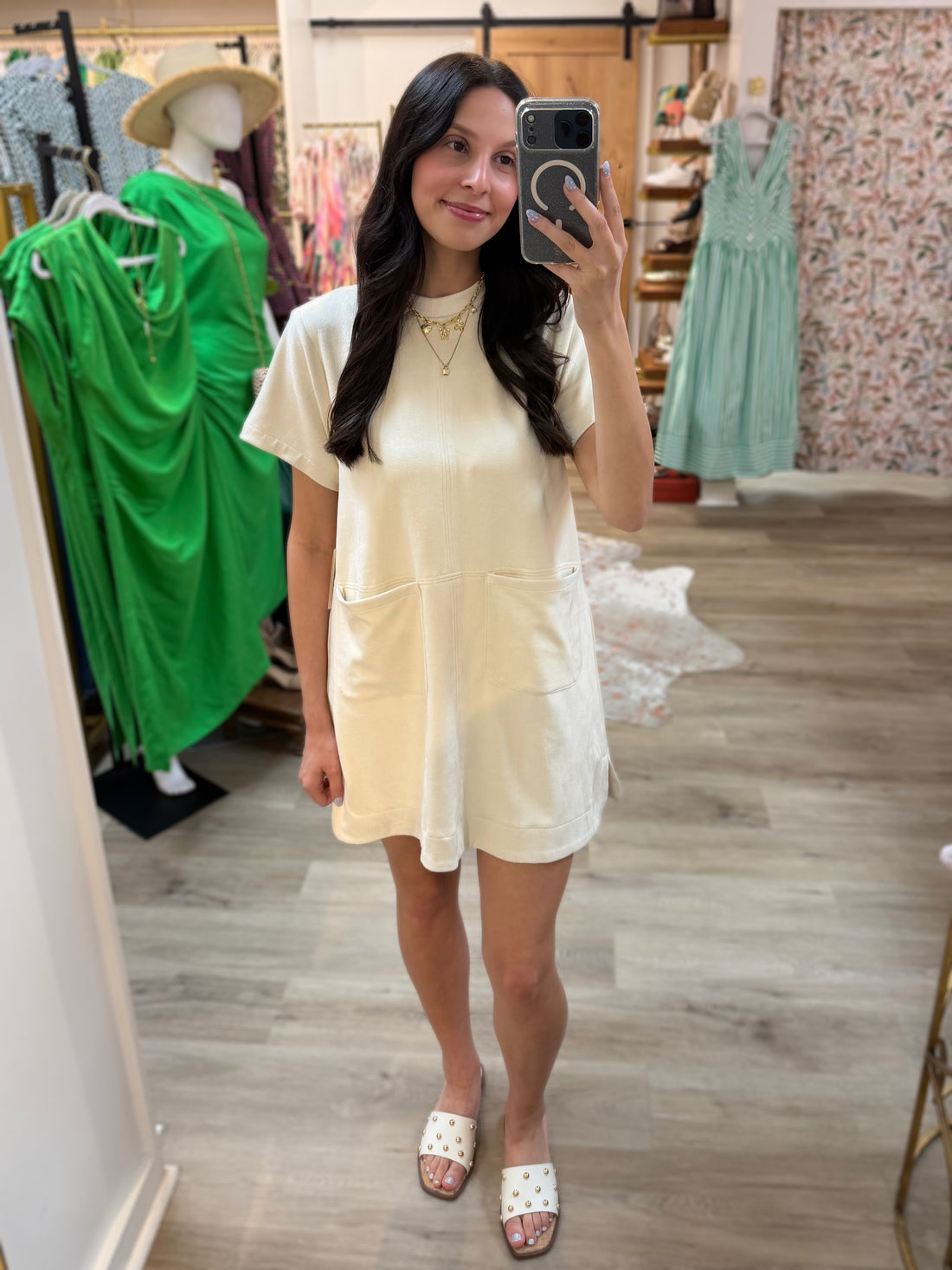 ECRU FAUX MICROSUEDE RIB CONTRAST SHORT SLEEVE SHIFT MINI DRESS