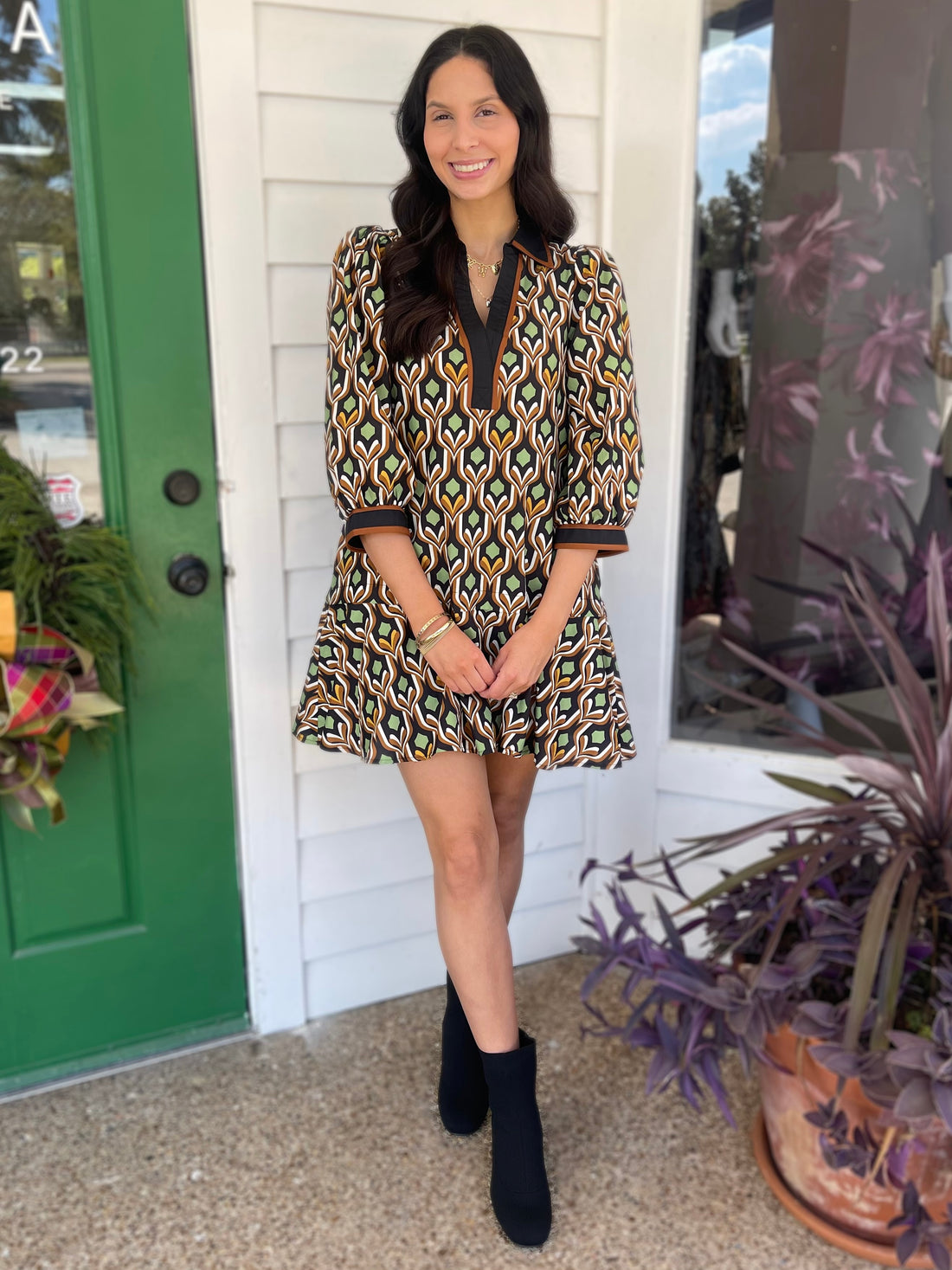 BLACK MULTI GEOMETRIC PRINT LONG PUFF SLEEVE MINI DRESS