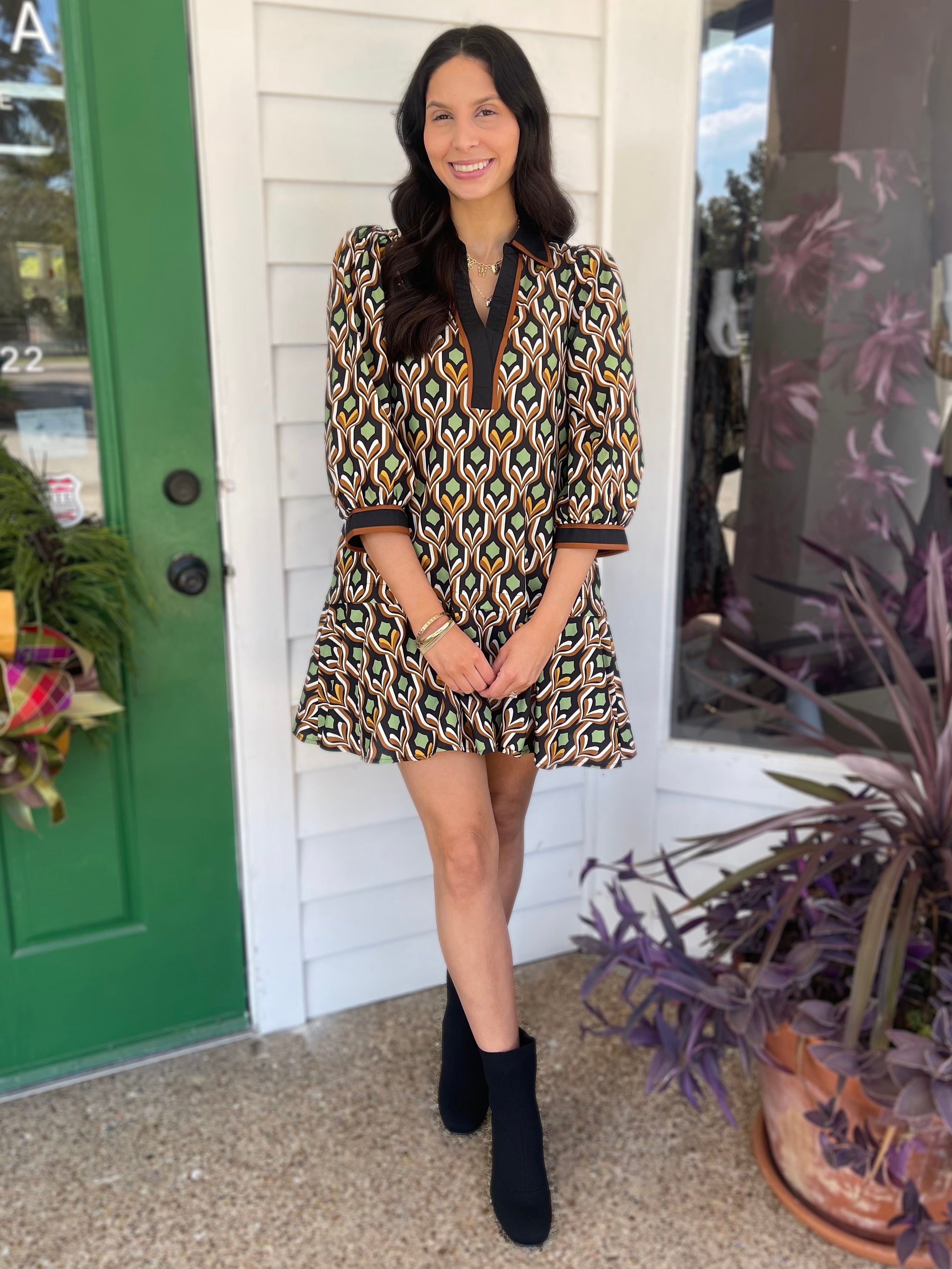 BLACK MULTI GEOMETRIC PRINT LONG PUFF SLEEVE MINI DRESS