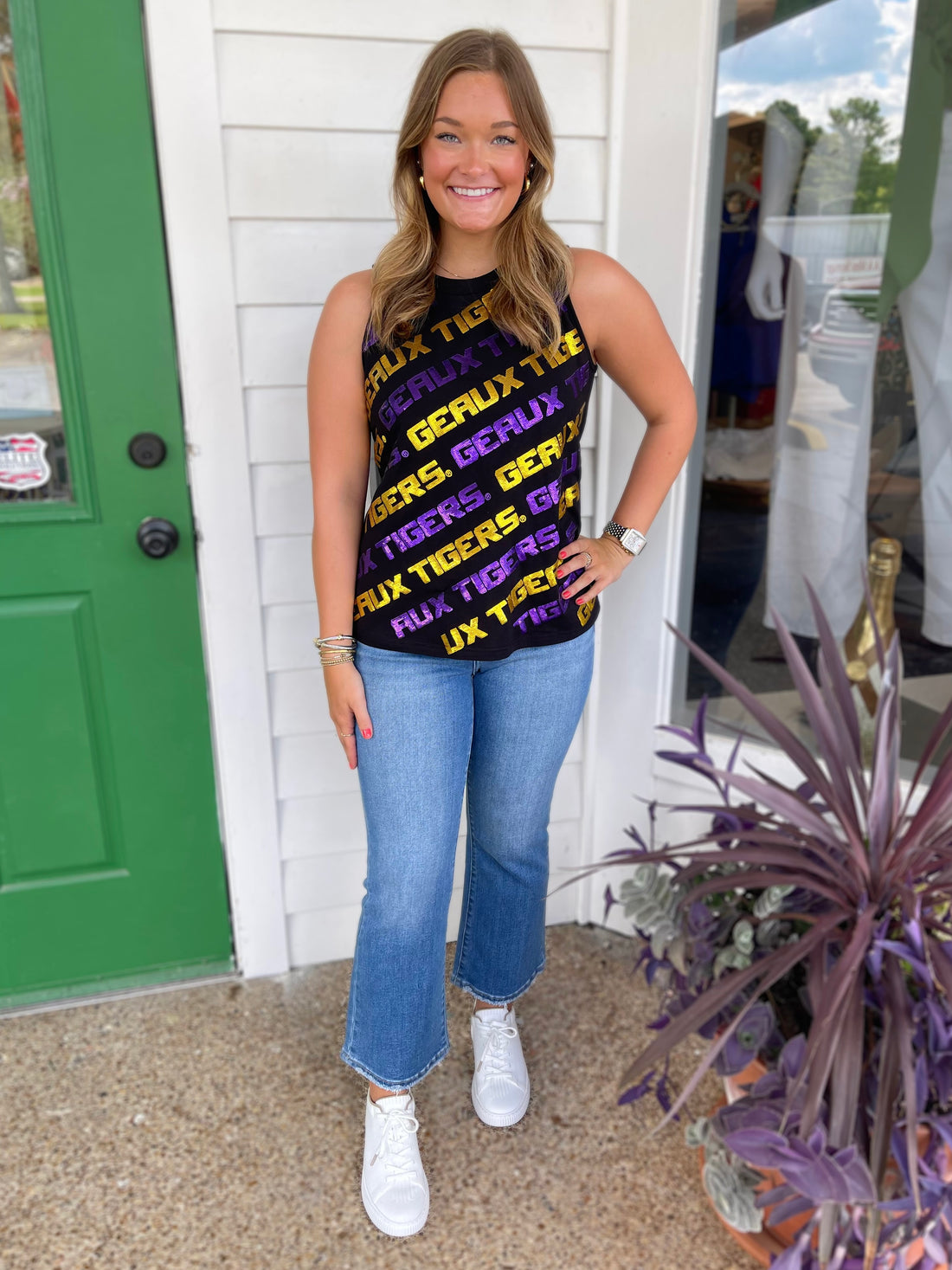 BLACK LSU &quot;GEAUX TIGERS&quot; VARSITY BLOCK LETTER SEQUIN TEE