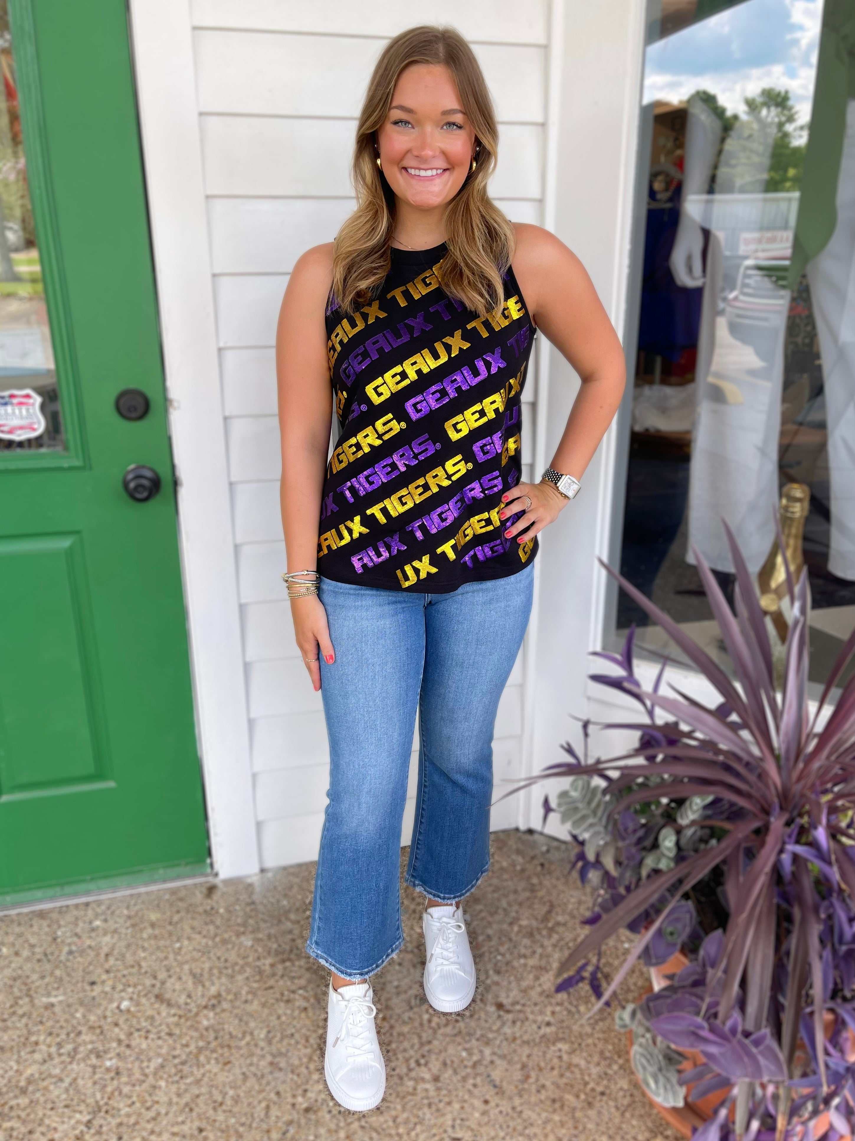 BLACK LSU &quot;GEAUX TIGERS&quot; VARSITY BLOCK LETTER SEQUIN TEE