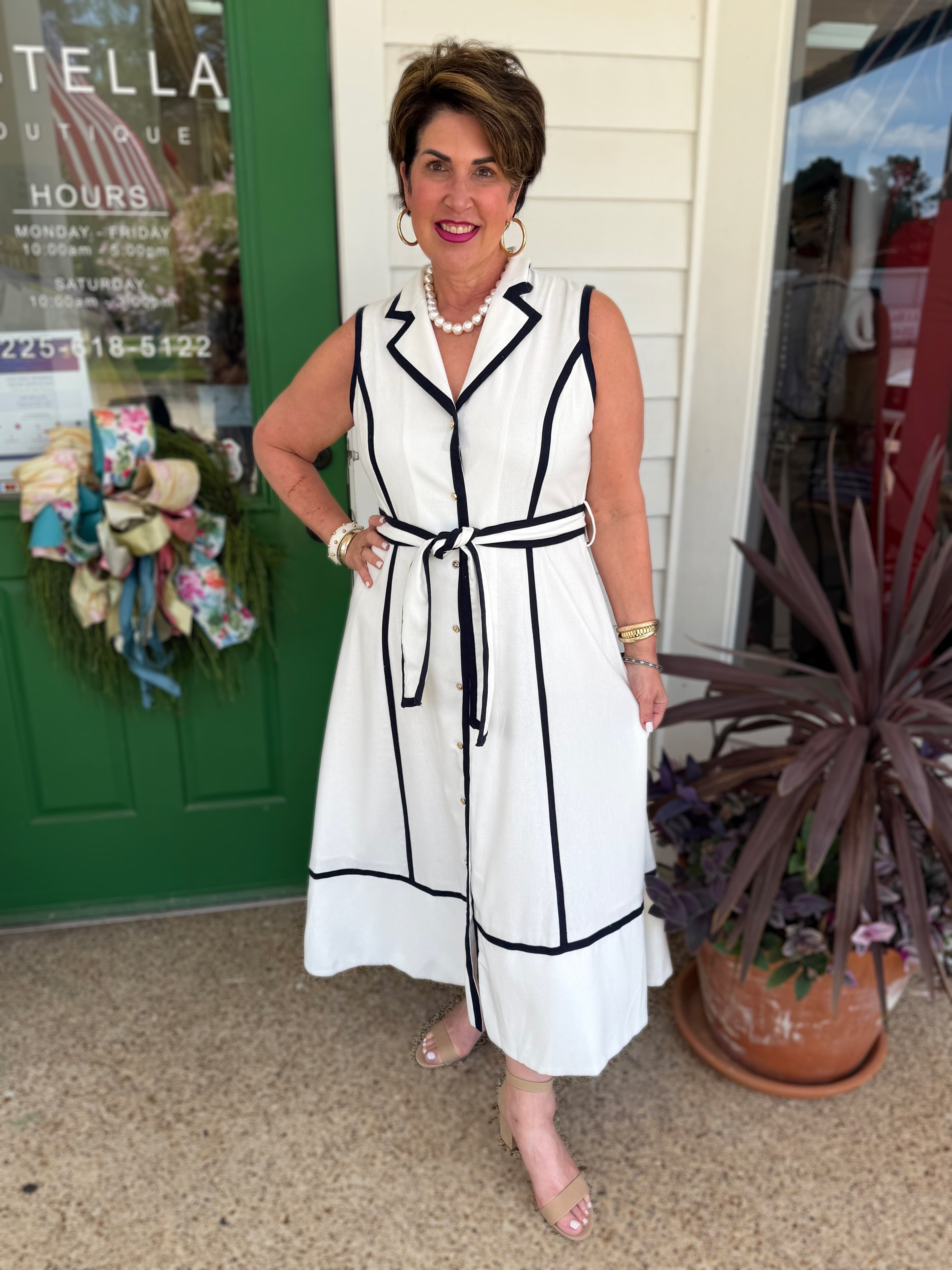 WHITE/NAVY CONTRAST LINEN BLEND SIMONNE MIDI DRESS