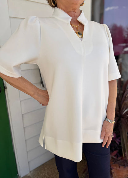 OFF WHITE SOFT STANDING COLLAR SPLIT VNECK TOP