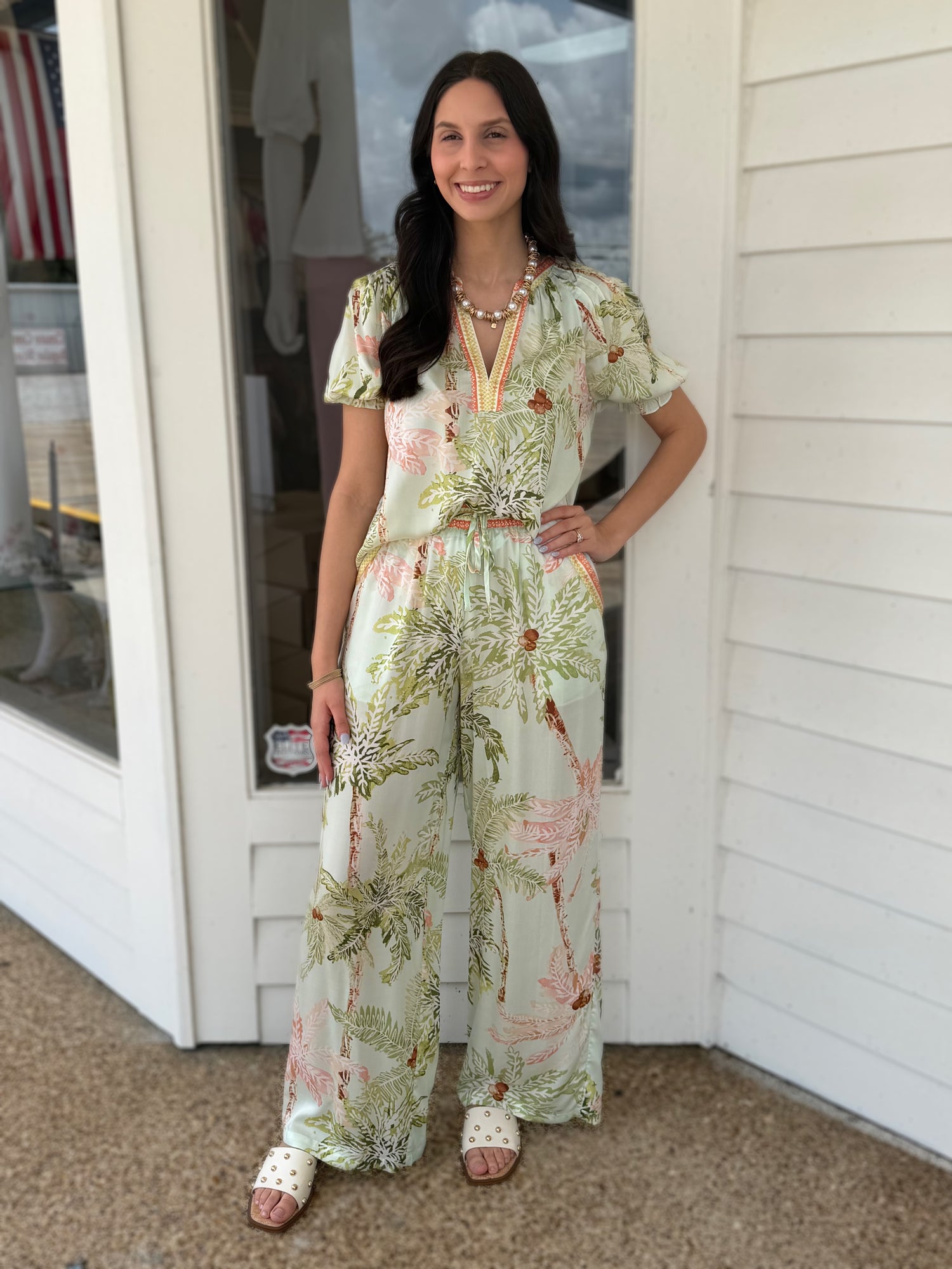 SEAFOAM TROPICAL PRINT LONG WIDE LEG ELASTIC WAISTBAND PANTS
