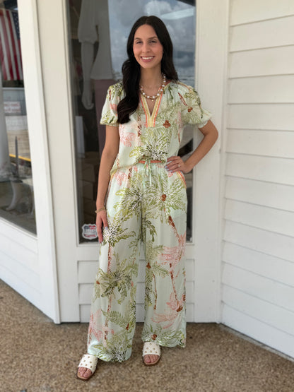 SEAFOAM TROPICAL PRINT LONG WIDE LEG ELASTIC WAISTBAND PANTS