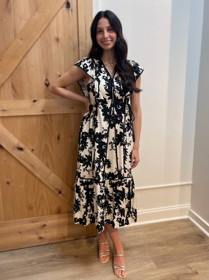 BLACK BOTANICAL FLORAL PRINT FLUTTER SLEEVE MIDI DRESS