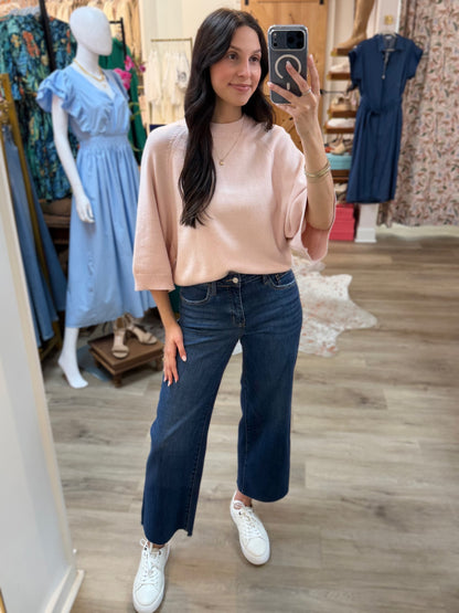 BLUSH PINK SHORT WIDE RAGLAN SLEEVE CREW NECK SWEATER TOP