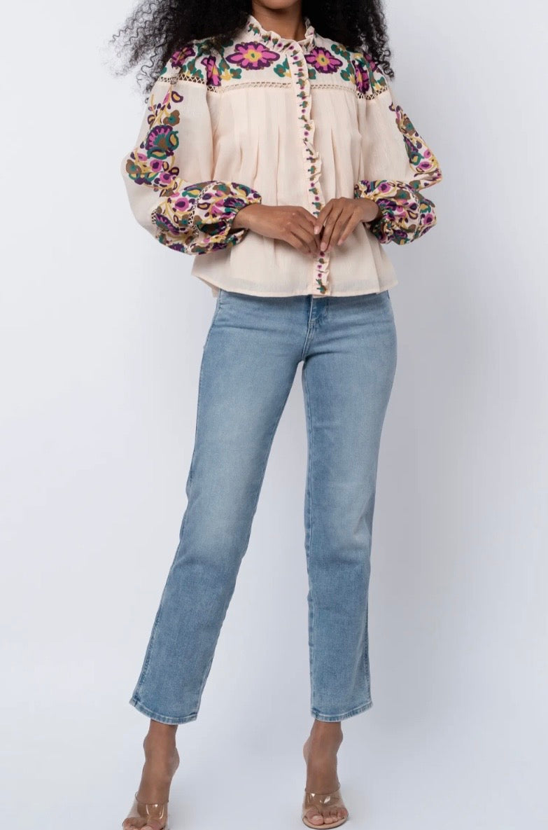 CREAM MULTI FLORAL PRINT LADDER TRIM RUFFLED PLACKET LONG SLEEVE ISME BLOUSE