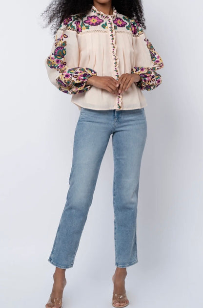 CREAM MULTI FLORAL PRINT LADDER TRIM RUFFLED PLACKET LONG SLEEVE ISME BLOUSE