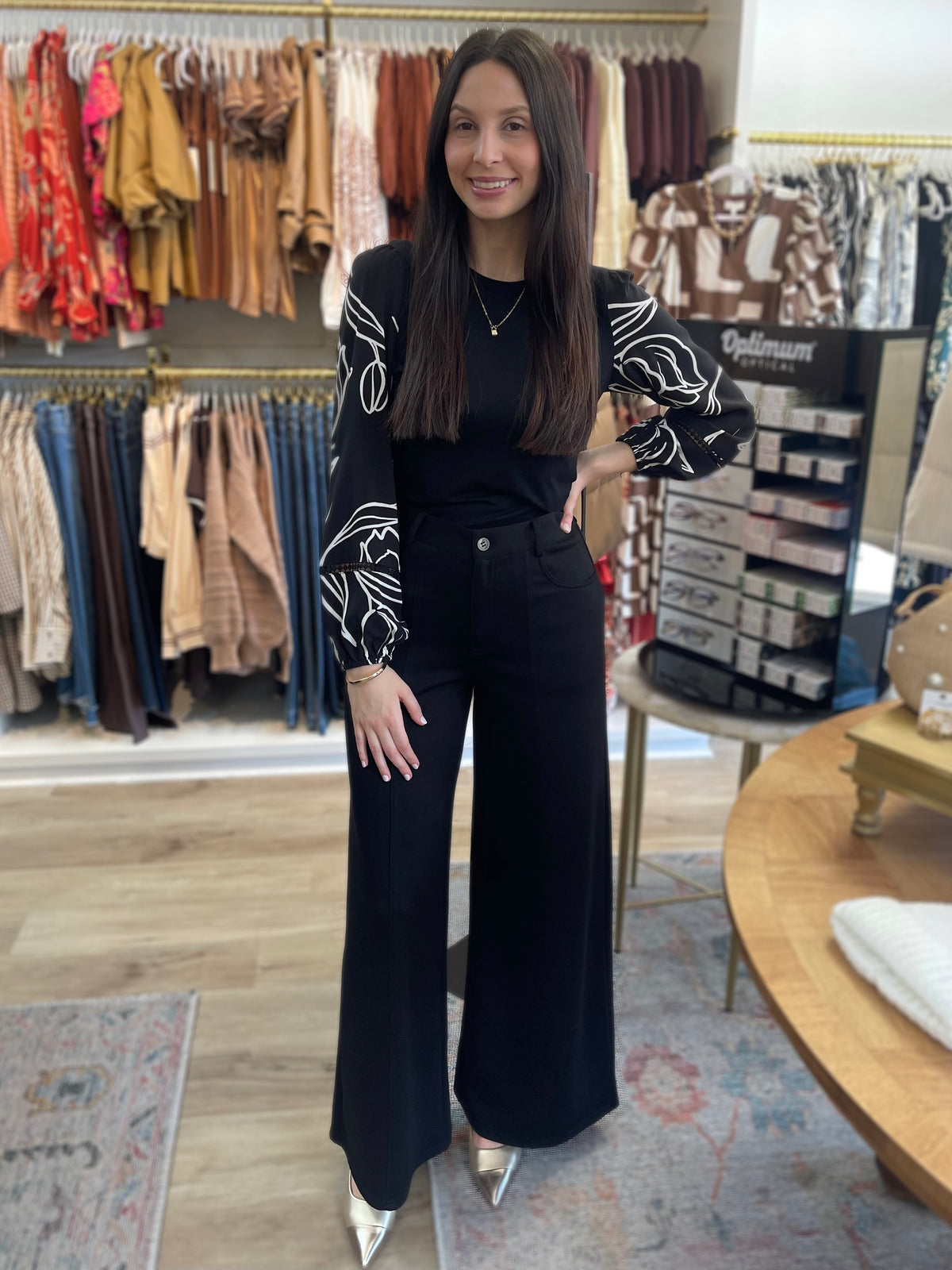 BLACK &amp; WHITE PRINTED TRIM DETAIL LONG SLEEVE TOP