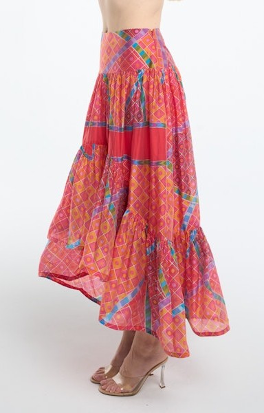 RED MULTI GEO PRINT HIGH-LOW MAXI AVA SKIRT