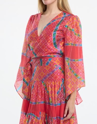 RED MULTI GEO PRINT FAUX WRAP SHEEVA TOP