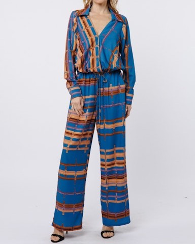 BLUE ABSTRACT STRIPE SURPLICE LONG SLEEVE BUBBLE STACIA TOP