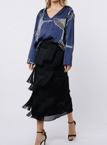 NAVY BIRD PRINT LONG SLEEVE SATIN JONES TOP