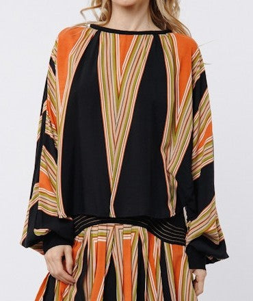 BLACK MULTI ABSTRACT GEO PRINT LONG SLEEVE KAROLINE BLOUSE
