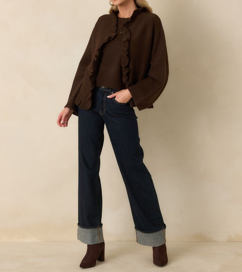 DARK CHOCOLATE BROWN RUFFLE TRIM LONG SLEEVE SABRINA CARDIGAN